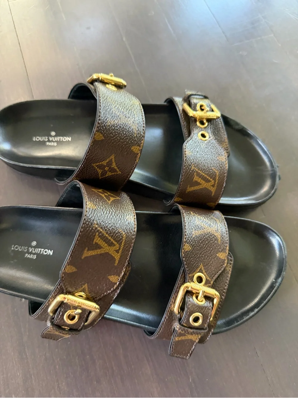 Louis vuitton Canvas Leather Logo Brown Slides Size: 8.5 | IT 38.